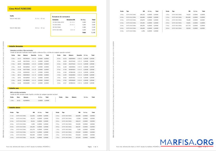 Blank Spain Masmovil internet and mobile utility bill Word and PDF formats, 5 pages. template